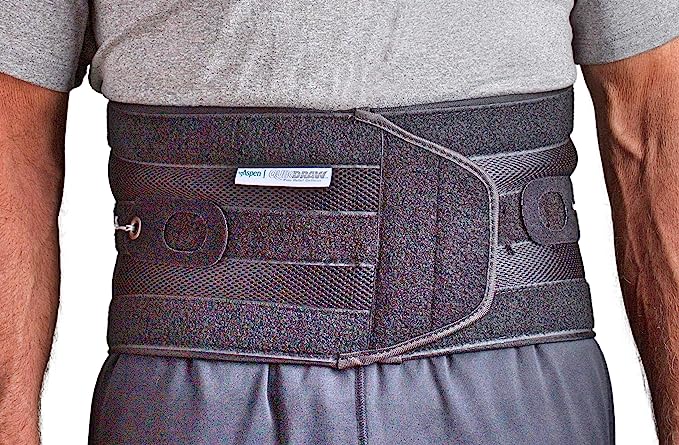 Aspen back brace with its adjustable straps and rigid panels, offering personalized compression and optimal support for the spine