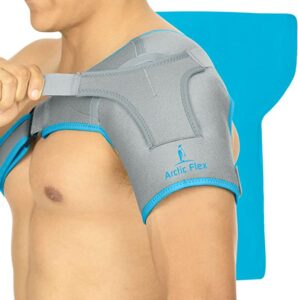 A person engaged in physical therapy while wearing a shoulder brace to aid in bursitis recovery