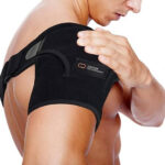 A person wearing a shoulder brace to alleviate bursitis pain