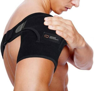  A close-up of a shoulder brace designed to provide support and compression for bursitis