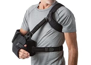 man wearing the DonJoy Braces UltraSling PRO Shoulder Immobilizer & Rotator Cuff Injury Sling, showcasing its innovative shoulder ring design and comfortable ventilation for optimal support during shoulder recovery