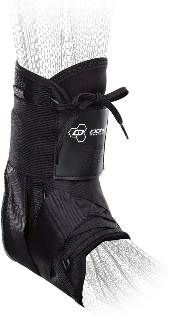  black lace-up ankle brace with a reinforced design, suitable for sports activities and injury recovery