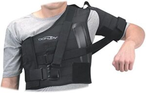 A person wearing the DonJoy Shoulder Stabilizer, experiencing the protective and stabilizing benefits of this innovative shoulder support during the post-injury and post-operative phases