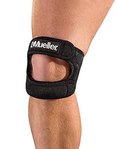 person wearing the Mueller knee brace, demonstrating its secure fit and adjustable straps for enhanced knee stability and support