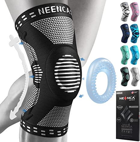 A close-up of a volleyball knee brace made of neoprene material, featuring an open-patella design for better range of motion and Velcro straps for a secure fit
