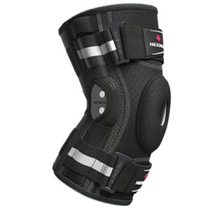 A black knee brace with sturdy hinges, designed to provide superior support and stability to the knee joint