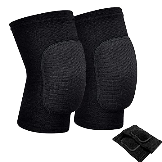 A pair of black volleyball knee pads with a breathable fabric and silicone gel padding, providing comfort and stability for players on the court