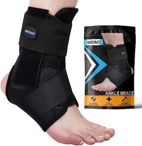 The SNEINO ankle brace made of breathable Neoprene material, featuring a non-slip silicone interior for a secure fit during various sports activities