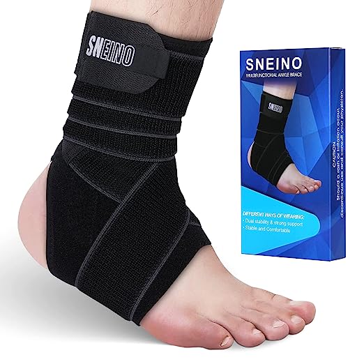 A close-up of a person wearing the SNEINO ankle brace, showcasing its adjustable wrap design for optimal ankle support and comfort