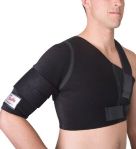 A person wearing the DonJoy Sully Shoulder Brace, showcasing its innovative design for optimal protection and range of motion