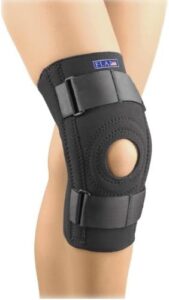 Photograph featuring a variety of FLA knee braces, including closed and open patella options