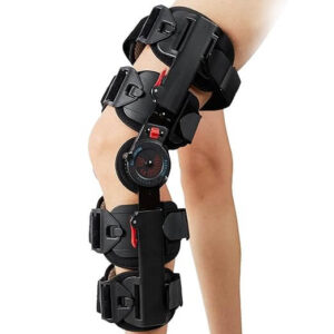 A close-up view of an adjustable knee immobilization support with secure straps